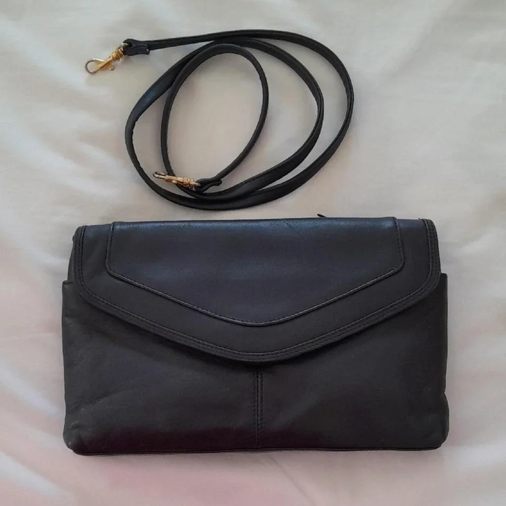 Navy Leather Envelope Clutch or Shoulder Bag with Strap